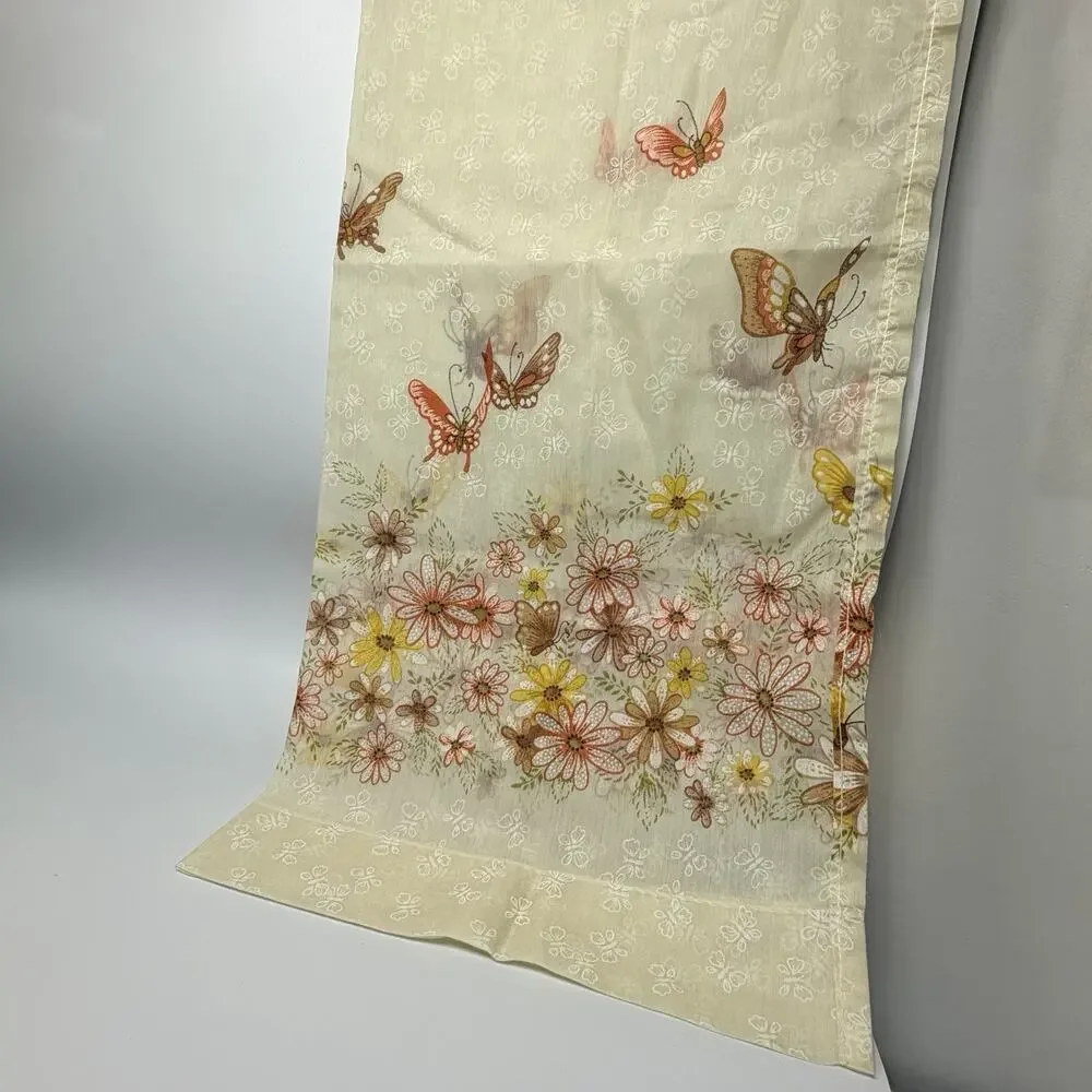 Set 2 Vtg1970s Flower Butterfly Sheer Cafe Curtains Nature Boho Brown Orange 36